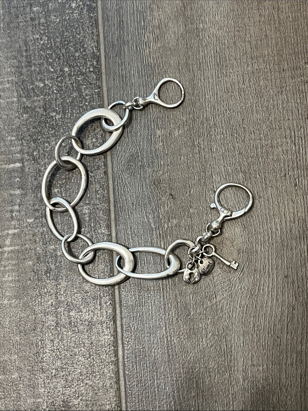 Fossil Silver-Tone Link Bracelet with Heart & Key Charms